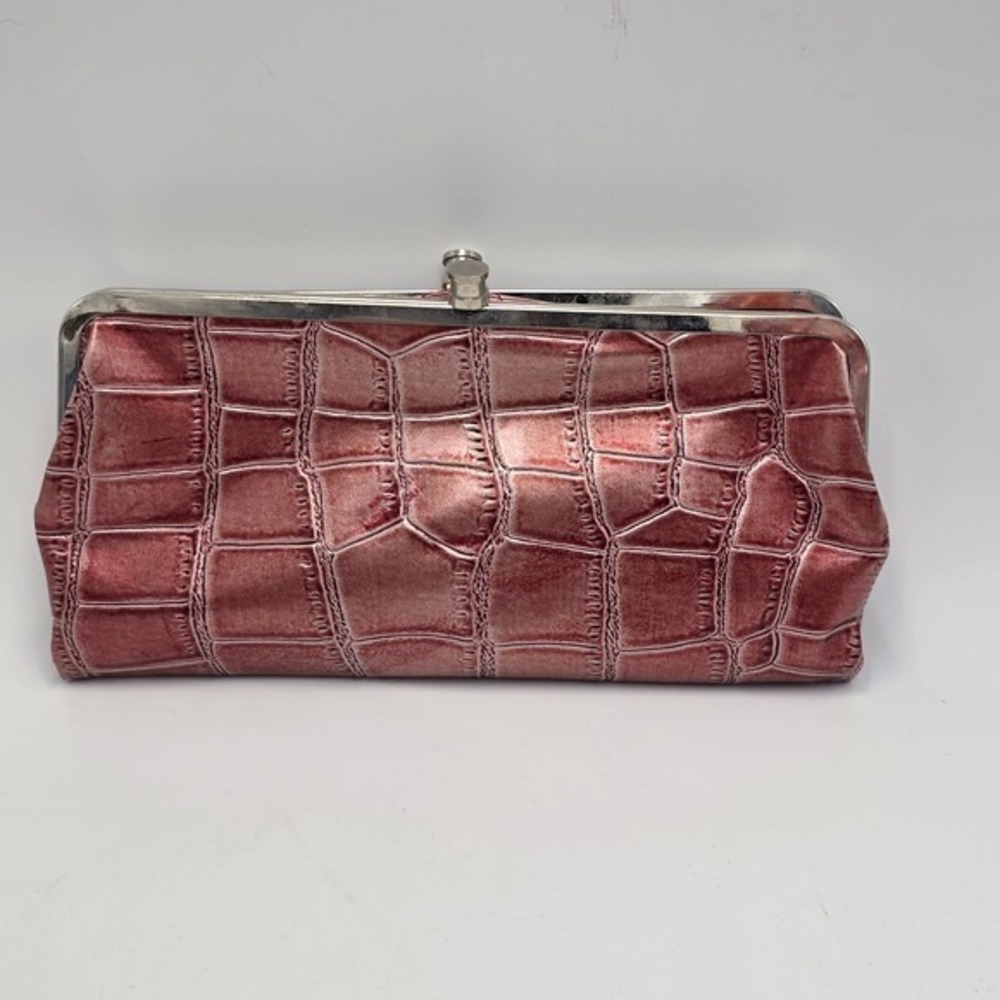 Metallic Burgundy Crocodile Embossed Kiss Lock Clutch Wallet Zebra Print Lining